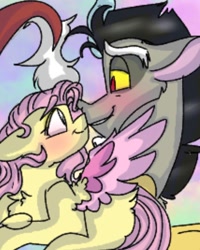 Size: 1078x1350 | Tagged: safe, alternate version, artist:cocolove2176, derpibooru import, discord, fluttershy, draconequus, pegasus, pony, bust, chest fluff, discoshy, female, horn, looking at each other, male, mare, shipping, smiling, straight, wings