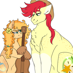 Size: 3000x3000 | Tagged: safe, artist:gingygin, derpibooru import, bright mac, pear butter, earth pony, pony, body freckles, brightbutter, chest fluff, cowboy hat, female, flower, flower in hair, freckles, guitar, hat, height difference, male, mare, musical instrument, shipping, simple background, stallion, straight, white background
