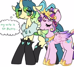 Size: 4000x3606 | Tagged: safe, artist:plushfurby, derpibooru import, princess cadance, queen chrysalis, alicorn, changedling, changeling, changeling queen, insect, moth, pony, a better ending for chrysalis, alternate design, alternate hairstyle, alternate universe, cadalis, cute, cutealis, eyes closed, female, jewelry, lesbian, married, purified chrysalis, reformed chrysalis, ring, shipping, simple background, thought bubble, wedding ring, white background