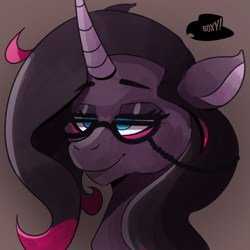 Size: 1509x1509 | Tagged: safe, artist:poxy_boxy, derpibooru exclusive, derpibooru import, oleander, classical unicorn, unicorn, them's fightin' herds, bedroom eyes, bust, cloven hooves, community related, cute, glasses, leonine tail, reading glasses, simple background, unshorn fetlocks