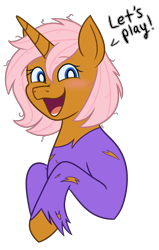 Size: 2030x3200 | Tagged: safe, artist:cherrycandi, derpibooru import, oc, oc only, oc:sangrienta petunia, pony, unicorn, blushing, bust, clothes, female, mare, messy mane, open mouth, simple background, smiling, solo, speech bubble, torn clothes, transparent background