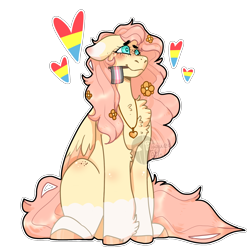 Size: 2000x2000 | Tagged: safe, artist:plagued-arts, derpibooru import, fluttershy, pegasus, pony, chest fluff, colored hooves, ears, floppy ears, heart, jewelry, mouth hold, necklace, pride flag, simple background, socks (coat marking), solo, transparent background