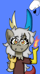 Size: 540x984 | Tagged: safe, artist:juanluuis8, derpibooru import, discord, eris, dog, arms raised, blue background, fire, florkofcows, looking at you, rule 63, simple background