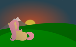 Size: 3278x2024 | Tagged: safe, artist:eminent entropy, derpibooru exclusive, derpibooru import, fluttershy, pegasus, pony, facing away, folded wings, hill, looking away, lying down, mountain, solo, sunset, vector, wings