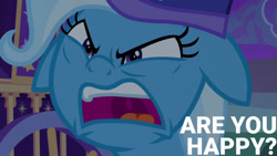 Size: 1280x720 | Tagged: safe, derpibooru import, edit, edited screencap, editor:quoterific, screencap, trixie, pony, unicorn, to where and back again, angry, clothes, ears, female, floppy ears, hat, mare, night, open mouth, trixie's hat