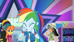 Size: 3410x1920 | Tagged: safe, derpibooru import, screencap, daring do, rainbow dash, better together, equestria girls, holidays unwrapped, clothes, cutie mark, cutie mark on clothes, dashing through the mall, eyes closed, female, geode of super speed, hoodie, jewelry, magical geodes, male, necklace, open mouth