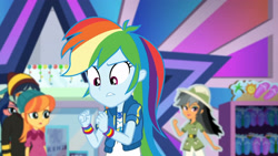 Size: 3410x1920 | Tagged: safe, derpibooru import, screencap, daring do, rainbow dash, better together, equestria girls, holidays unwrapped, clothes, cutie mark, cutie mark on clothes, dashing through the mall, female, geode of super speed, hoodie, jewelry, magical geodes, male, necklace, open mouth