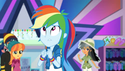 Size: 3410x1920 | Tagged: safe, derpibooru import, screencap, daring do, rainbow dash, better together, equestria girls, holidays unwrapped, clothes, cutie mark, cutie mark on clothes, dashing through the mall, female, geode of super speed, hoodie, jewelry, looking up, magical geodes, male, necklace, open mouth