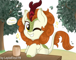 Size: 2421x1920 | Tagged: safe, artist:laylaelvy278, derpibooru import, autumn blaze, kirin, female, grin, high res, mare, one eye closed, smiling, solo, speech bubble, tree, wink