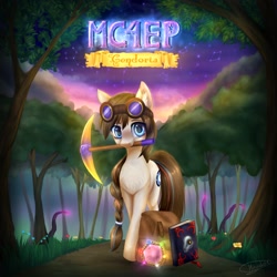 Size: 2048x2048 | Tagged: safe, artist:megabait, derpibooru import, oc, oc only, earth pony, pony, camping backpack, female, forest, gendoria, glasses, mare, minecraft, mining, necronomicon, pick, poster, solo