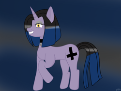 Size: 1012x759 | Tagged: safe, artist:yukine001, derpibooru import, oc, oc only, oc:gothica, pony, unicorn, choker, digital art, eyelashes, eyeshadow, female, horn, inverted cross, jewelry, makeup, mare, pentagram, raised hoof, raised leg, smiling, solo, unicorn oc