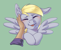 Size: 4250x3500 | Tagged: safe, artist:taytinabelle, derpibooru import, derpy hooves, pegasus, pony, :p, blushing, cute, disembodied hand, ear fluff, ears, eyes closed, female, floppy ears, green background, hand, hand on cheek, happy, hooves to the chest, mare, offscreen character, petting, simple background, solo, spread wings, tongue, tongue out, wings