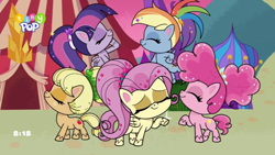 Size: 1024x576 | Tagged: safe, derpibooru import, screencap, applejack, fluttershy, pinkie pie, rainbow dash, twilight sparkle, alicorn, earth pony, pegasus, pony, my little pony: pony life, what goes updo, spoiler:pony life s02e17, alternate hairstyle, mane five