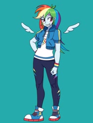 Size: 1620x2160 | Tagged: safe, artist:haibaratomoe, derpibooru import, rainbow dash, equestria girls, blushing, clothes, cloud, converse, cyan background, floating wings, patch, shoes, simple background, wings