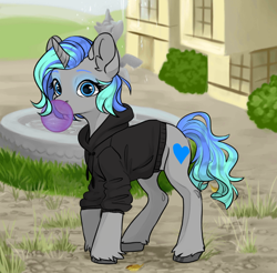 Size: 720x708 | Tagged: safe, derpibooru import, oc, oc only, oc:echo melody, pony, unicorn, bubblegum, clothes, female, food, gum, hoodie, mare, pony avatar (generator), solo