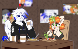 Size: 3000x1900 | Tagged: safe, artist:etoz, derpibooru import, oc, oc only, oc:etoz, oc:light speed, griffon, unicorn, bags under eyes, chopsticks, clothes, coffee, commission, crown, dead space, eating, eyebrows, female, food, fork, griffon oc, happy, hoodie, horn, jewelry, knife, magic, magic aura, male, mare, marker (dead space), open mouth, pancakes, regalia, sitting, smiling, sushi, table, tired, unicorn oc, wings