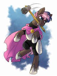 Size: 950x1250 | Tagged: safe, artist:cosmalumi, derpibooru import, oc, oc only, earth pony, pony, armor, bipedal, cape, clothes, hammer, male, mouth hold, solo, stallion