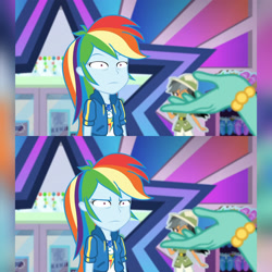 Size: 1920x1920 | Tagged: safe, derpibooru import, edit, editor:itsmgh1203, screencap, chestnut magnifico, daring do, rainbow dash, zephyr breeze, equestria girls, equestria girls series, holidays unwrapped, spoiler:eqg series (season 2), :i, clothes, cutie mark, cutie mark on clothes, da fuq, dashing through the mall, faic, female, geode of super speed, hoodie, jewelry, magical geodes, male, meme, necklace, not amused face, rainbow dash is best facemaker, rainbow dash is not amused, reaction image, shrunken pupils, special eyes, thousand yard stare, unamused, wide eyes