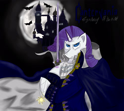 Size: 3000x2700 | Tagged: safe, artist:ponyjhooves, derpibooru import, rarity, bat, semi-anthro, unicorn, alucard (castlevania), castle, castlevania, clothes, crossover, jewelry, moon, pendant, serious, serious face, solo, sword, weapon