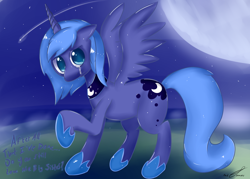 Size: 2800x2000 | Tagged: safe, artist:ponyjhooves, derpibooru import, princess luna, alicorn, pony, crying, ears, floppy ears, implied princess celestia, moon, night, one hoof raised, s1 luna, sad, shooting star, solo, talking