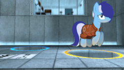 Size: 800x450 | Tagged: safe, artist:bastbrushie, derpibooru import, oc, oc:brushie brusha, earth pony, pony, animated, aperture science, computer, crossover, flying, mane blue, now you're thinking with portals, portal, portal (valve), room, solo, travelling