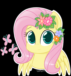 Size: 1358x1458 | Tagged: safe, artist:laylaelvy278, derpibooru import, fluttershy, pegasus, pony, flower, flower in hair, looking at you, smiling, solo, spread wings, wings