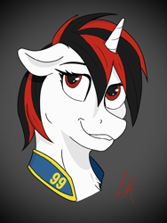 Size: 768x1024 | Tagged: safe, artist:biergarten13, derpibooru import, oc, oc only, oc:blackjack, fallout equestria, fallout equestria: project horizons, bust, clothes, digital art, fanfic art, female, looking at you, mare, smiling, smiling at you, smug, stable 99, stable-tec, teeth, vault suit