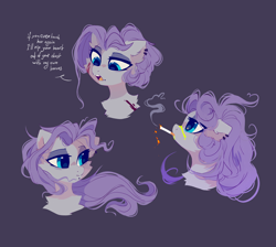 Size: 1900x1700 | Tagged: safe, artist:mirtash, derpibooru import, maud pie, earth pony, pony, alternate hairstyle, black background, blood, cigarette, ear piercing, earring, female, jewelry, lip piercing, mare, open mouth, piercing, simple background, smoke, smoking, solo