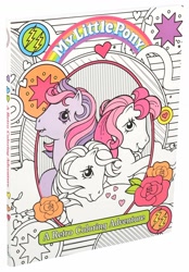 Size: 1400x2015 | Tagged: safe, derpibooru import, pony, g1, coloring book, female, females only, flower, looking at you, mare, multicolored mane, open mouth, purple coat, smiling, text, trio, trio female, two toned mane