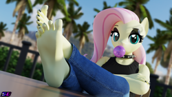 Size: 3840x2160 | Tagged: safe, artist:shadowboltsfm, derpibooru import, fluttershy, anthro, pegasus, plantigrade anthro, 3d, 4k, black nail polish, blender, bubblegum, choker, clothes, crossed arms, crossed legs, eyelashes, eyeshadow, feet, feet on table, fetish, fluttergoth, food, foot fetish, foot focus, gum, jeans, looking at you, makeup, nail polish, not sfm, palm tree, pants, soles, toes, tree, wiggling toes