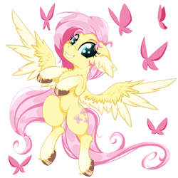 Size: 2500x2500 | Tagged: safe, artist:rurihal, derpibooru import, fluttershy, butterfly, pegasus, pony, chest fluff, cute, ear fluff, ears, female, floppy ears, grin, looking at you, mare, shyabetes, simple background, smiling, smiling at you, solo, white background