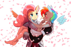 Size: 2000x1332 | Tagged: safe, artist:mrscroup, derpibooru import, fluttershy, rainbow dash, anthro, pegasus, plantigrade anthro, armor, badass, blushing, bridal carry, carrying, eye contact, feet, female, floating wings, flutterbadass, flutterdash, flutterknight, knight, lesbian, looking at each other, maid, mare, no tail, rainbow maid, role reversal, shipping, stocking feet, stockings, wings