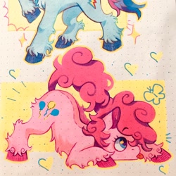 Size: 1024x1024 | Tagged: safe, artist:mefluiwave, derpibooru import, pinkie pie, rainbow dash, butterfly, earth pony, pony, :p, belly fluff, cute, diapinkes, face down ass up, female, heart, leg fluff, mare, marker drawing, profile, solo focus, tongue, tongue out, traditional art, unshorn fetlocks