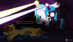 Size: 1280x738 | Tagged: safe, artist:parclytaxel, artist:starponys87, derpibooru import, oc, oc only, oc:princess skysparkle, oc:princess stellanova, oc:seth appleheart, alicorn, earth pony, pony, blast, blood, crying, eyes closed, female, filly, flying, glowing eyes, gritted teeth, injured, life bar, lying down, magic, magic beam, magic blast, male, on back, open mouth, parody, spots, stallion, tears of pain, underground, wings