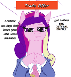 Size: 788x849 | Tagged: safe, artist:jargon scott, derpibooru import, edit, princess cadance, alicorn, pony, clothes, necktie, peetzer, solo, suit, text, that pony sure does love pizza, trade offer