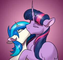 Size: 894x839 | Tagged: safe, artist:mushroomdoggo, derpibooru import, dj pon-3, twilight sparkle, twilight sparkle (alicorn), vinyl scratch, alicorn, pony, unicorn, crack shipping, curved horn, eyes closed, female, kissing, lesbian, mare, shipping, vinylight