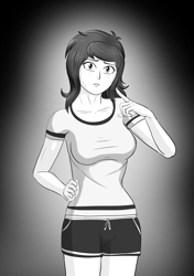 Size: 3541x5016 | Tagged: safe, alternate version, artist:symptom99, derpibooru import, wallflower blush, equestria girls, breasts, chest freckles, clothes, female, freckles, looking at you, monochrome, shorts, solo, sports, sports bra, sports shorts