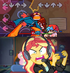 Size: 875x913 | Tagged: safe, artist:brandonale, derpibooru import, edit, edited screencap, screencap, fluttershy, sunset shimmer, better together, equestria girls, game stream, boyfriend (friday night funkin), friday night funkin', gamer sunset, open mouth, rageset shimmer, whitty