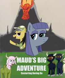 Size: 2988x3551 | Tagged: safe, derpibooru import, daring do, maud pie, cow, earth pony, pegasus, comedy, cover art, cthulhu mythos, cultist, field, hat, humor, mountain, ninja, statue, text, title, volcano