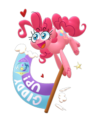Size: 2400x3000 | Tagged: safe, artist:cassettepunk, edit, editor:edits of hate, twibooru import, pinkie pie, earth pony, pony, /mlp/, 4chan cup, excited, female, flag, heart, image, jumping, mare, png, simple background, solo, transparent background
