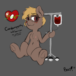 Size: 4000x4000 | Tagged: safe, artist:beep, oc, oc only, oc:cardiomyapothy, earth pony, pony, bags under eyes, blood bag, blood type, blushing, cutie mark, female, gray background, hospital, iv drip, looking at you, scar, simple background, sitting, solo