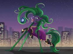 Size: 3872x2870 | Tagged: safe, artist:dvixie, mane-iac, earth pony, pony, city, cityscape, clothes, commission, commissioner:reversalmushroom, electro orb, female, mare, night, open mouth, prehensile mane, prehensile tail, solo