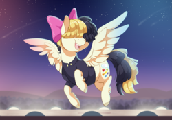 Size: 3129x2187 | Tagged: safe, artist:dvixie, songbird serenade, pegasus, pony, bow, commission, commissioner:reversalmushroom, female, hair bow, hair over eyes, hoof fluff, mare, night, open mouth, shirt, shooting star, solo focus, spread wings, stage