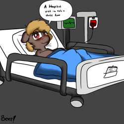 Size: 4000x4000 | Tagged: safe, artist:beep, oc, oc only, oc:cardiomyapothy, earth pony, pony, bags under eyes, blood bag, blushing, dialogue box, female, gray background, heart monitor, hospital bed, hospital visit, implied anon, iv drip, looking at you, simple background, solo, tired, wholesome