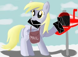 Size: 966x708 | Tagged: safe, artist:jbond, edit, derpy hooves, pegasus, pony, bag, blackmail, cloud, cloudy, color inversion, deleted from derpibooru, derpibooru, envelope, female, letter, looking back, mail, mailbag, mailbox, mailmare, mailpony, mare, meta, mouth hold, plot, postmare, pun, solo, spoilered image joke, underp, visual pun, working