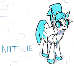 Size: 874x778 | Tagged: safe, artist:saltycube, derpibooru exclusive, derpibooru import, natalie, mecha pony, pony, robot, robot pony, my little pony: pony life, abstract background, female, mare, my life as a teenage robot, smiling, solo