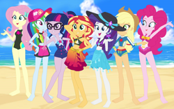 Size: 1024x640 | Tagged: artist needed, source needed, safe, derpibooru import, applejack, fluttershy, pinkie pie, rainbow dash, rarity, sci-twi, sunset shimmer, twilight sparkle, better together, equestria girls, forgotten friendship, barefoot, beach, belly button, cap, clothes, feet, geode of empathy, geode of fauna, geode of shielding, geode of sugar bombs, geode of super speed, geode of super strength, geode of telekinesis, hat, humane five, humane seven, humane six, magical geodes, midriff, needs more pixels, one-piece swimsuit, peace sign, sarong, sun hat, swimming trunks, swimsuit