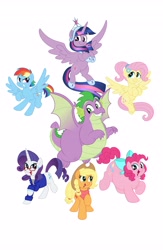 Size: 2667x4096 | Tagged: safe, artist:aleximusprime, derpibooru import, applejack, fluttershy, pinkie pie, rainbow dash, rarity, spike, twilight sparkle, twilight sparkle (alicorn), alicorn, dragon, flurry heart's story, adult, adult spike, anklet, big crown thingy, bow, bracelet, chubby, chubby spike, clothes, cowboy hat, different hairstyle, ear piercing, earring, element of magic, fat, fat spike, glasses, hat, jewelry, mane seven, mane six, older, older spike, piercing, plump, ponytail, pudgy pie, regalia, shirt, shorter hair, stetson, tiara, winged spike, wip