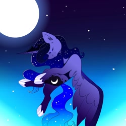 Size: 1080x1079 | Tagged: safe, artist:tessa_key_, derpibooru import, alicorn, pony, ethereal mane, eyes closed, female, flying, full moon, hoof shoes, horn, mare, moon, night, solo, starry mane, stars, wings