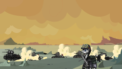 Size: 3840x2160 | Tagged: safe, artist:devorierdeos, derpibooru import, oc, pony, zebra, fallout equestria, badlands, battlefield, gun, helmet, invasion, millitary uniform, prewar, soldier, solo, submachinegun, tanks, weapon, zebra oc, zebra soldier